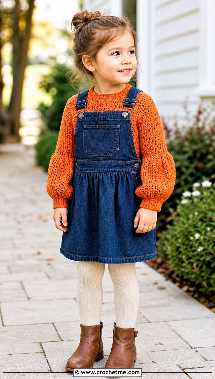 T Balloon Sleeve Crochet Sweater With Pinafore Dress - 15 5T Crochet Sweater outfit ideas