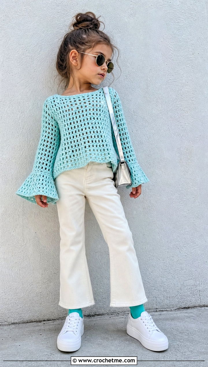 T Bell Sleeve Crochet Sweater With Flared Jeans - 15 5T Crochet Sweater outfit ideas