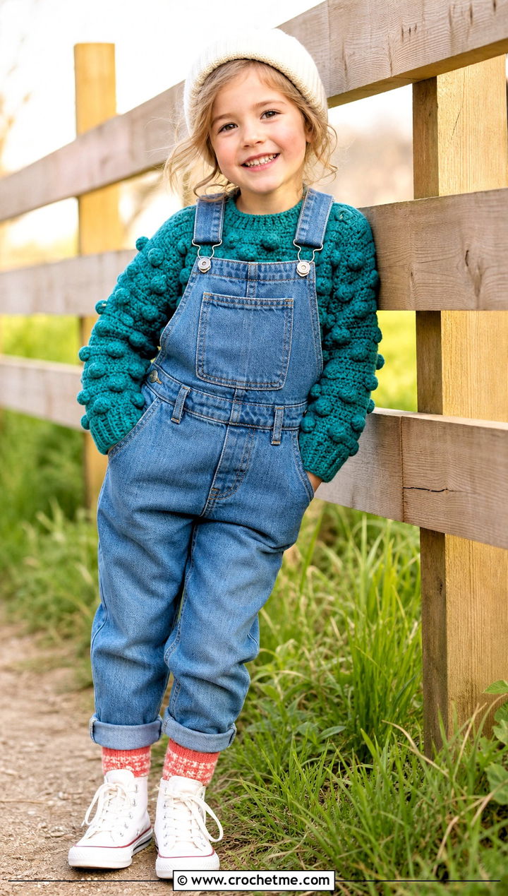 T Crochet Bobble Sweater With Denim Overalls - 15 crochet 5t sweater outfit ideas