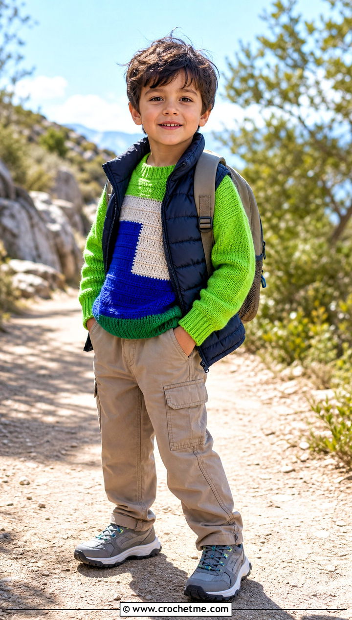 T Crochet Color Block Sweater With Utility Pants - 15 crochet 5t sweater outfit ideas