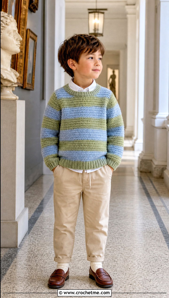 T Crochet Striped Crewneck Sweater With Chinos - 15 crochet 5t sweater outfit ideas
