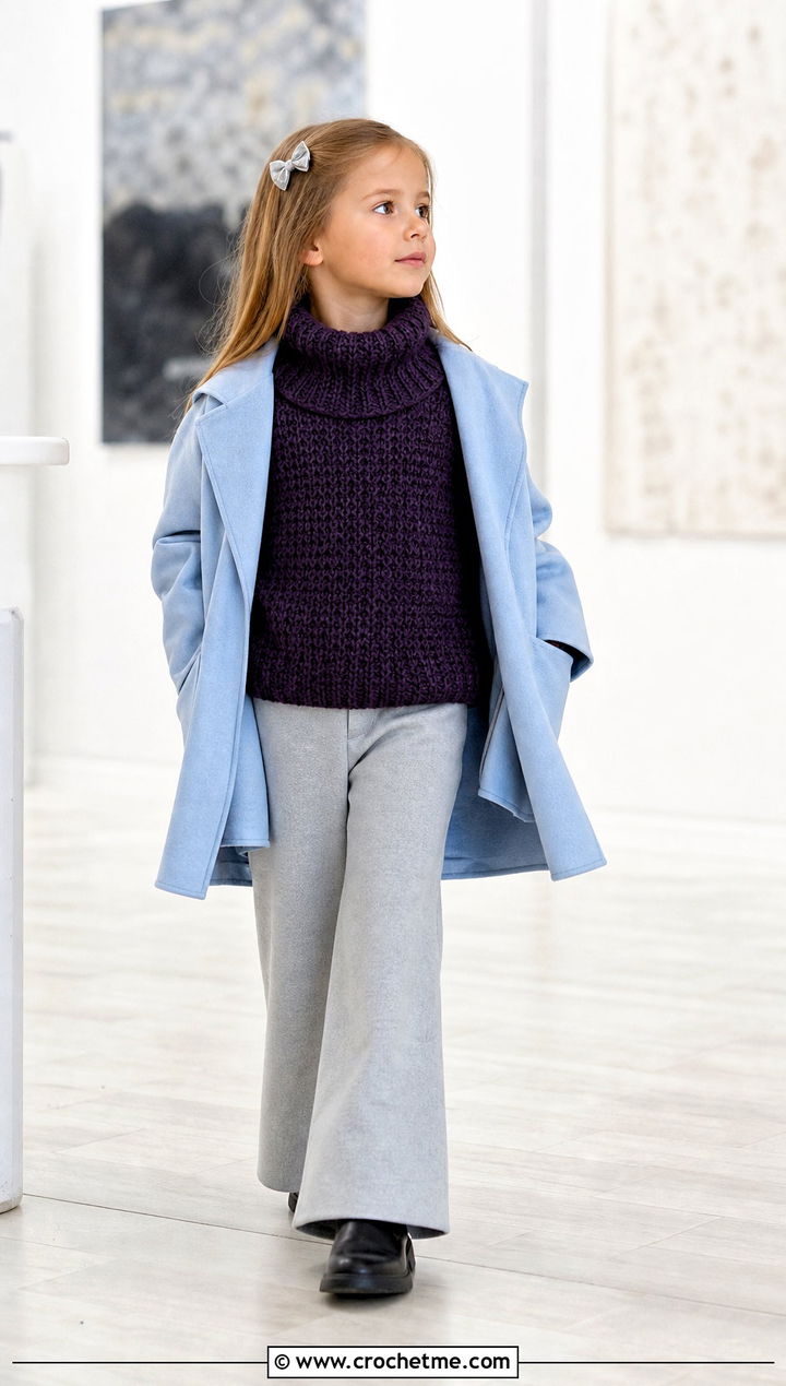 T Crochet Turtleneck Sweater With Wide Leg Pants - 15 crochet 5t sweater outfit ideas