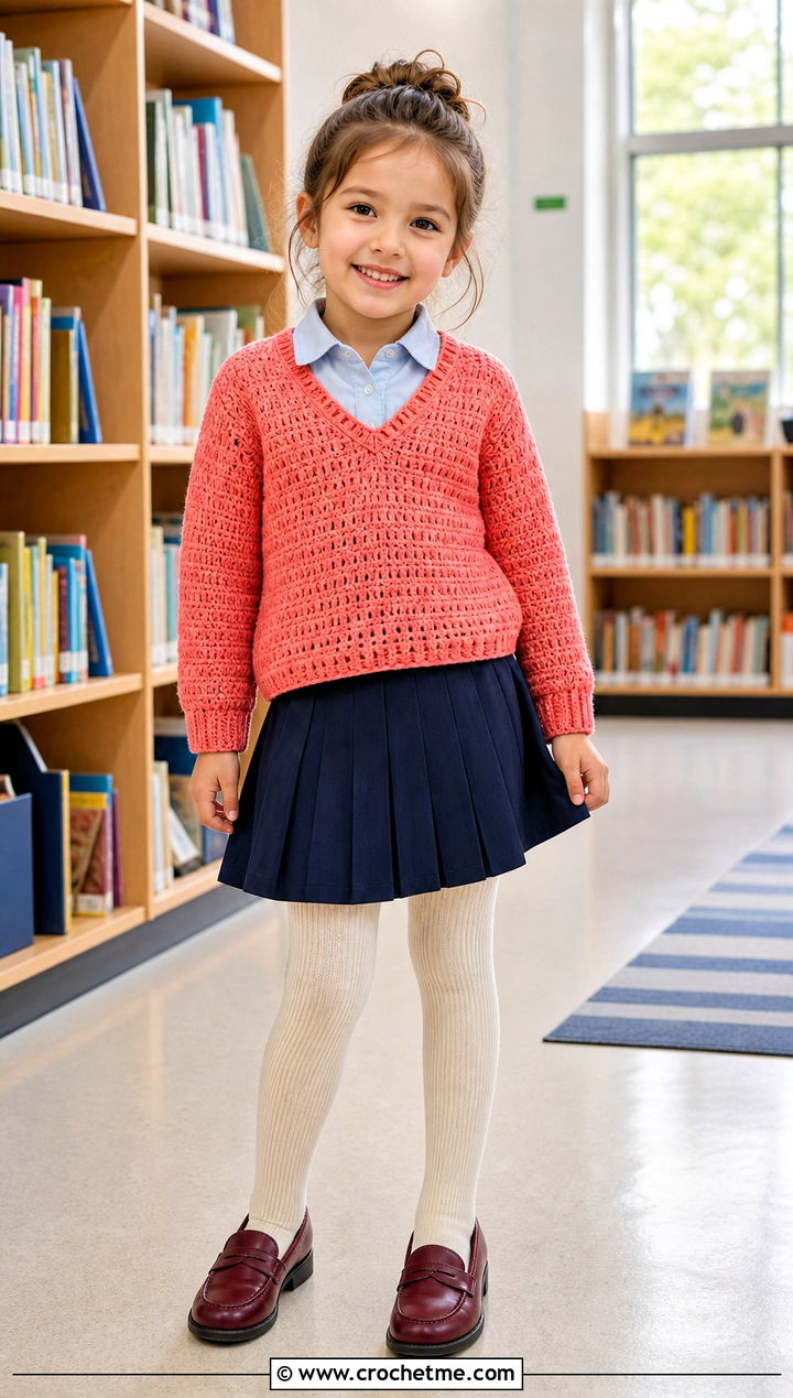 T Crochet V Neck Sweater With Pleated Skirt - 15 crochet 5t sweater outfit ideas