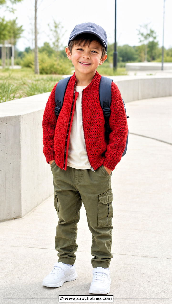 T Crochet Zip Front Sweater With Cargo Pants - 15 crochet 5t sweater outfit ideas