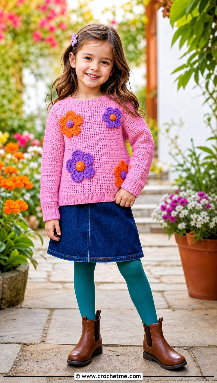 T Flower Applique Crochet Sweater With Denim Skirt - 15 crochet 5t sweater outfit ideas