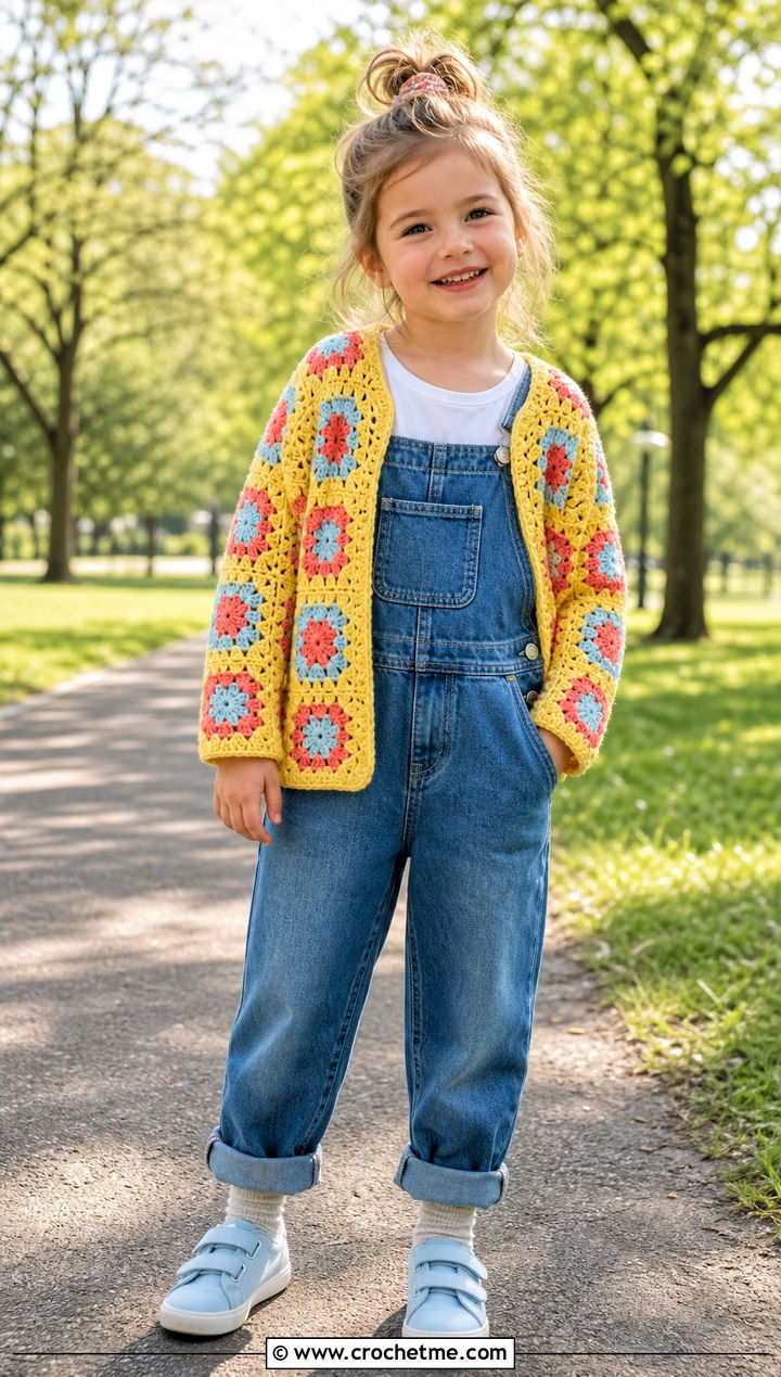 T Granny Square Crochet Cardigan With Denim Overalls - 15 5T Crochet Sweater outfit ideas