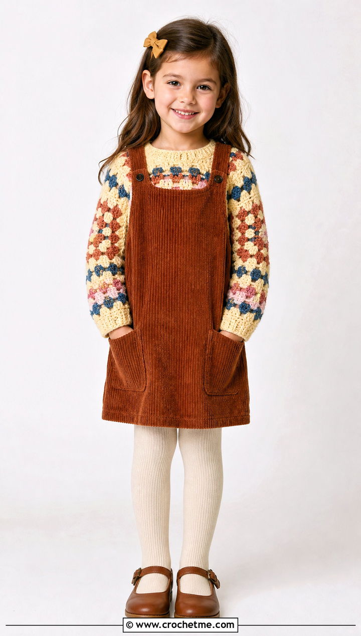 T Granny Square Sweater With Corduroy Pinafore - 15 crochet 5t sweater outfit ideas