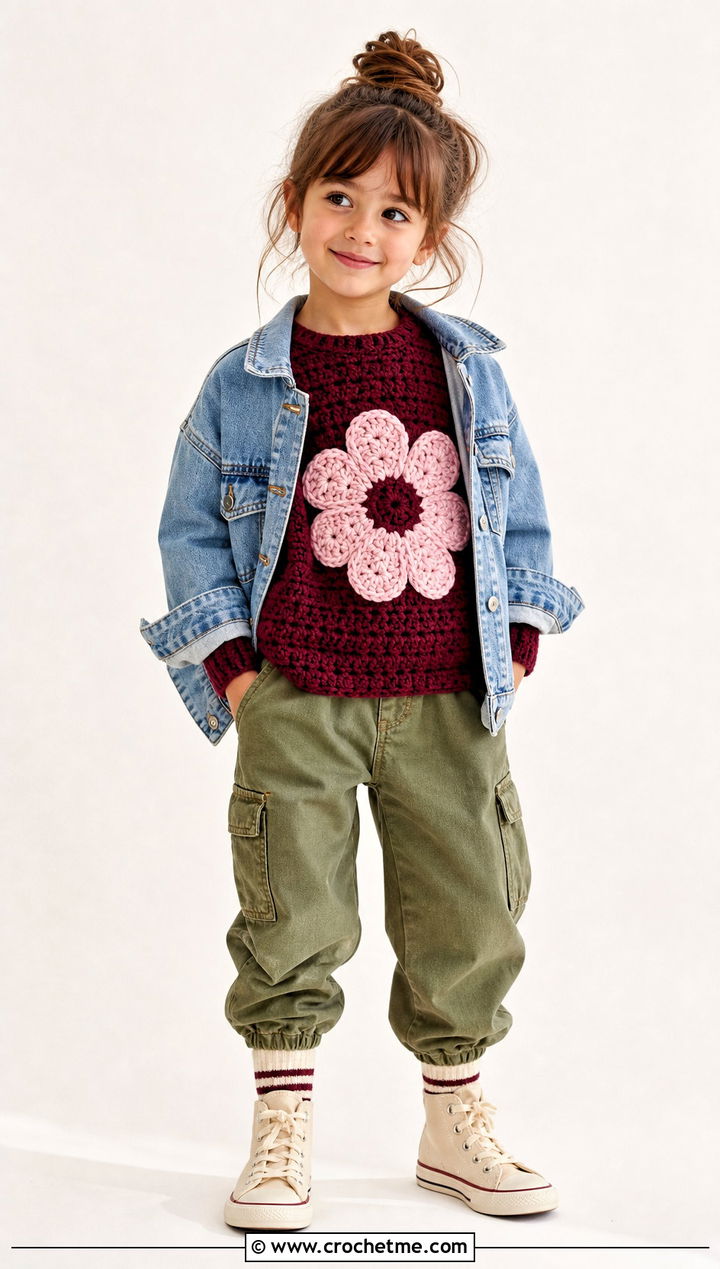 T Motif Crochet Sweater With Utility Pants - 15 5T Crochet Sweater outfit ideas