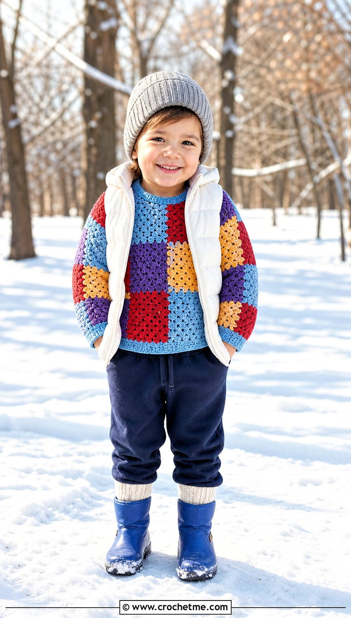 T Patchwork Crochet Sweater With Puffer Vest - 15 5T Crochet Sweater outfit ideas