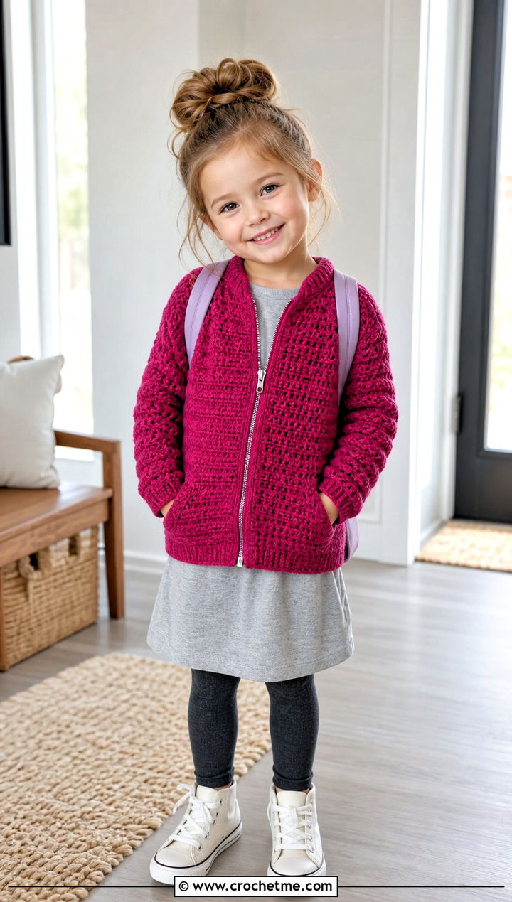 T Zip Front Crochet Cardigan With Jersey Dress - 15 5T Crochet Sweater outfit ideas