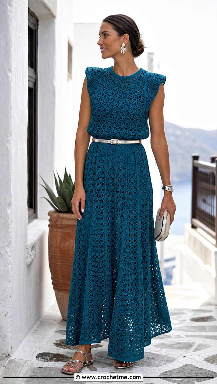 s Crochet Belted Maxi Dress With Metallic Sandals - 25 Crochet 80S Clothes and outfit ideas