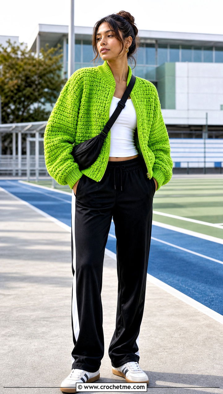 s Crochet Bomber Jacket With Track Pants - 25 Crochet 80S Clothes and outfit ideas