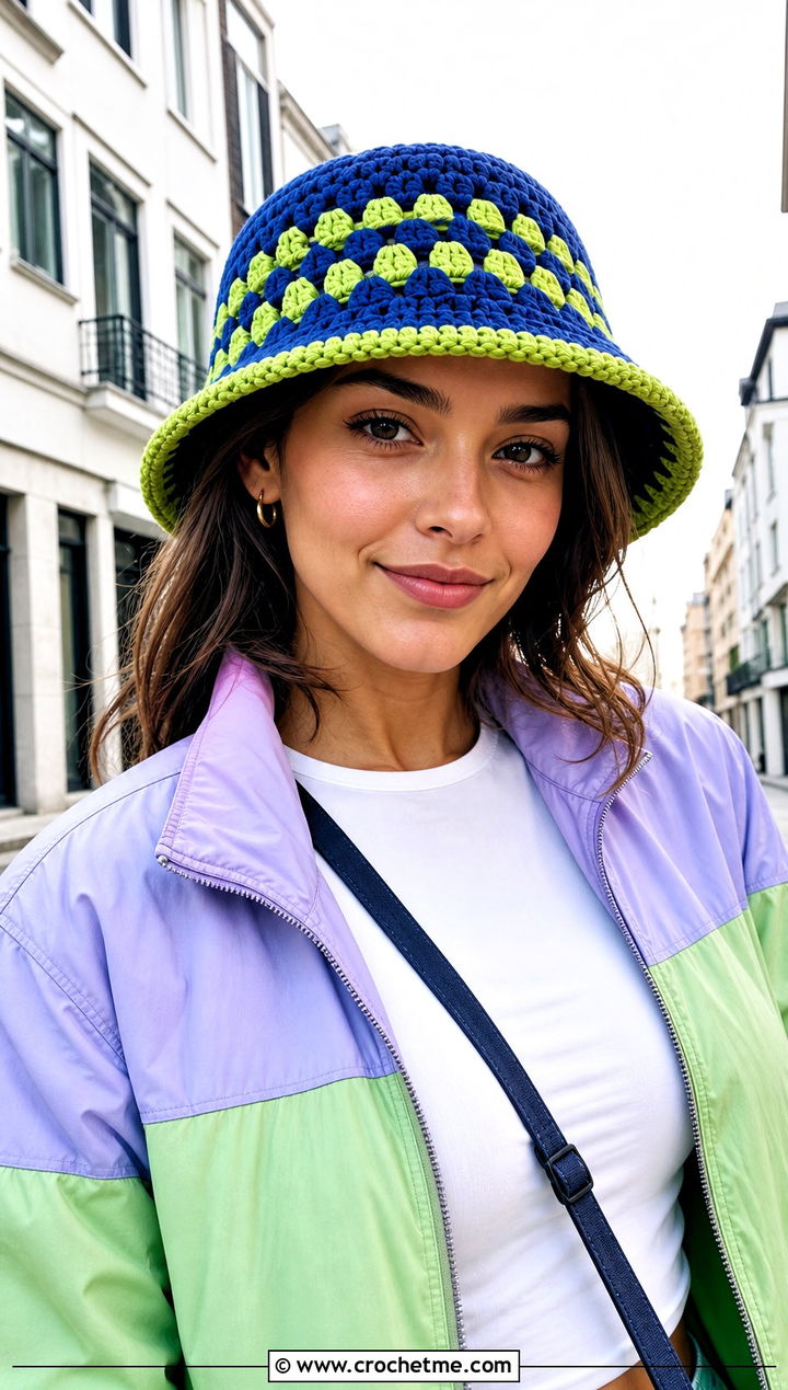 s Crochet Bucket Hat With A Windbreaker And Jeans - 25 Crochet 80S Clothes and outfit ideas