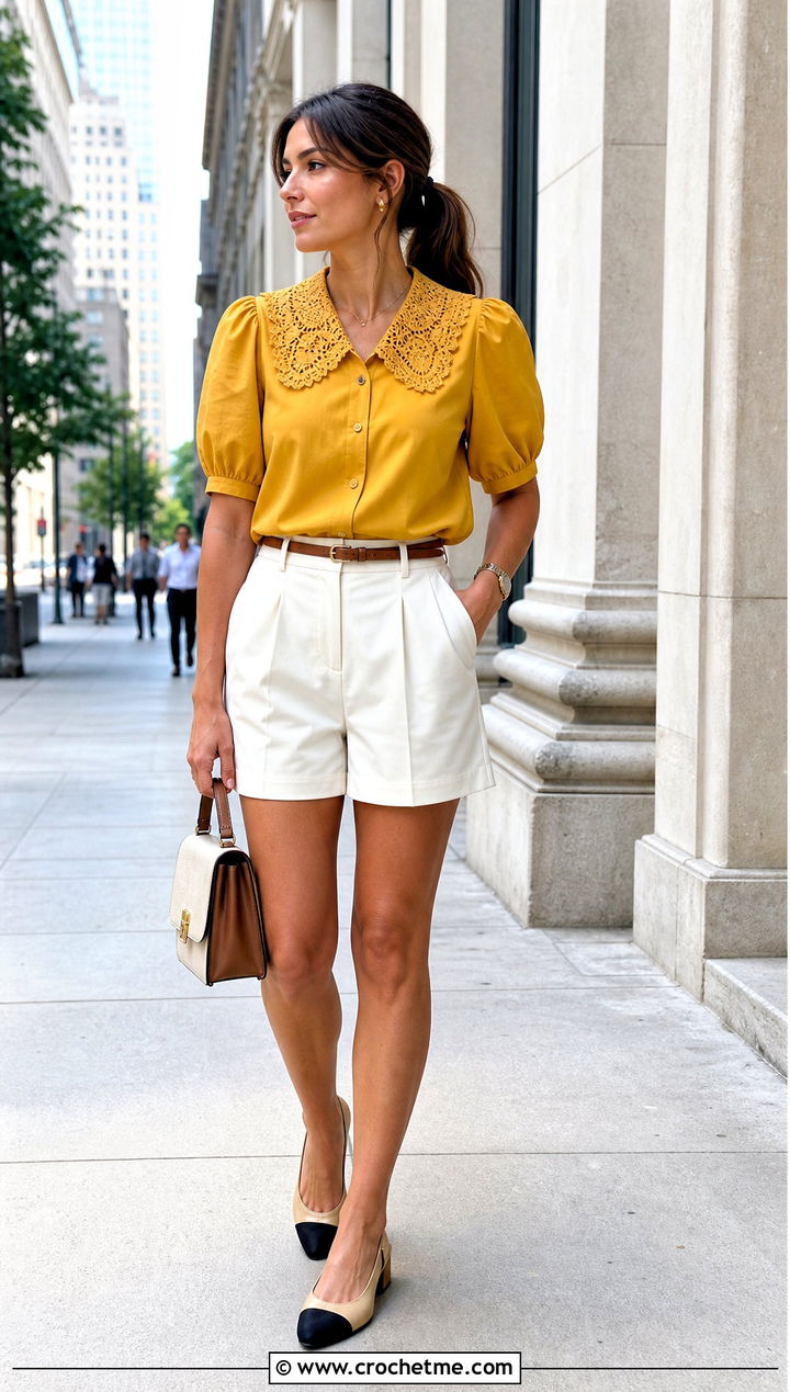 s Crochet Collar Blouse With Tailored Shorts - 25 Crochet 80S Clothes and outfit ideas