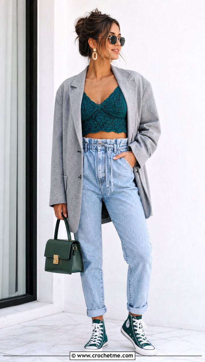 s Crochet Crop Top With Paperbag Jeans - 25 Crochet 80S Clothes and outfit ideas
