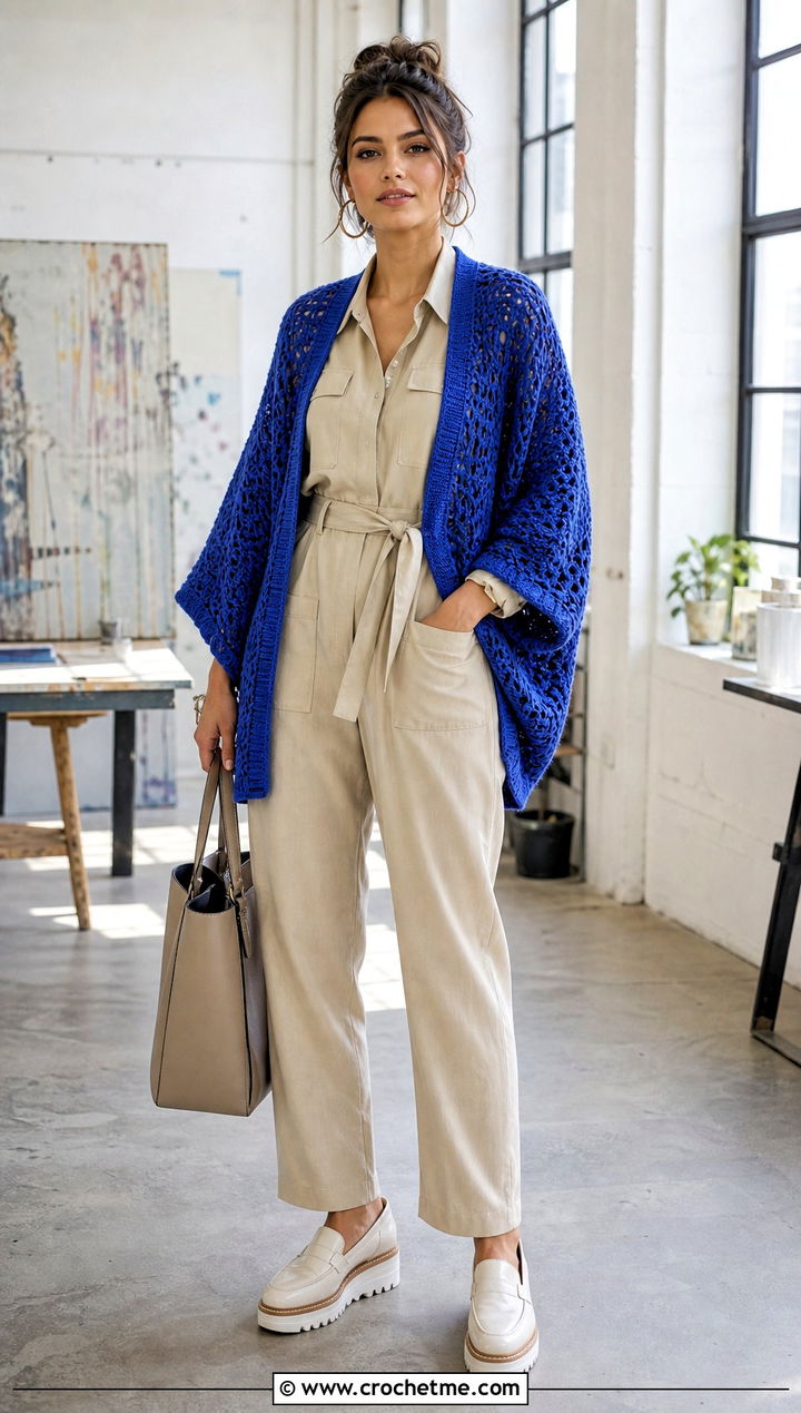 s Crochet Dolman Cardigan With A Utility Jumpsuit - 25 Crochet 80S Clothes and outfit ideas