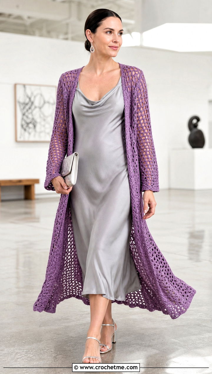 s Crochet Duster With Satin Slip Dress - 25 Crochet 80S Clothes and outfit ideas