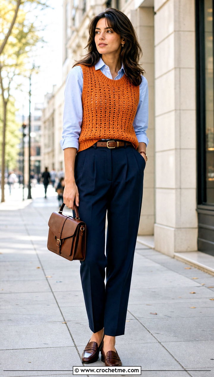 s Crochet Vest With Oxford Shirt And Pleated Trousers - 25 Crochet 80S Clothes and outfit ideas
