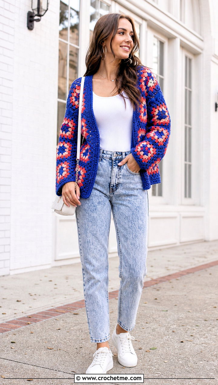 s Granny Square Cardigan With Acid Wash Jeans - 25 Crochet 80S Clothes and outfit ideas