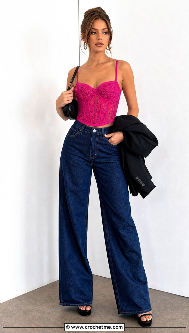 s Crochet Corset Top With Wide Leg Jeans - 25 Crochet 90S Outfit ideas