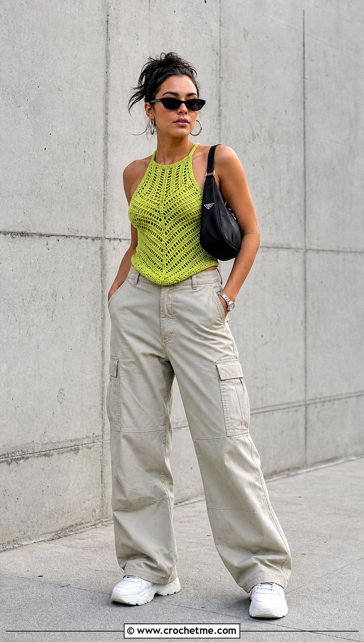 s Crochet Halter Top With Cargo Pants - 25 Crochet 90S Outfit ideas