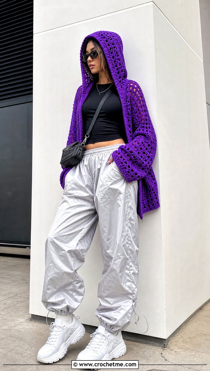 s Crochet Hooded Cardigan With Parachute Pants - 25 Crochet 90S Outfit ideas