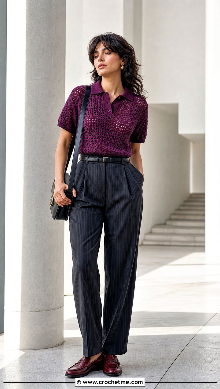 s Crochet Polo Shirt With Pinstripe Trousers - 25 Crochet 90S Outfit ideas