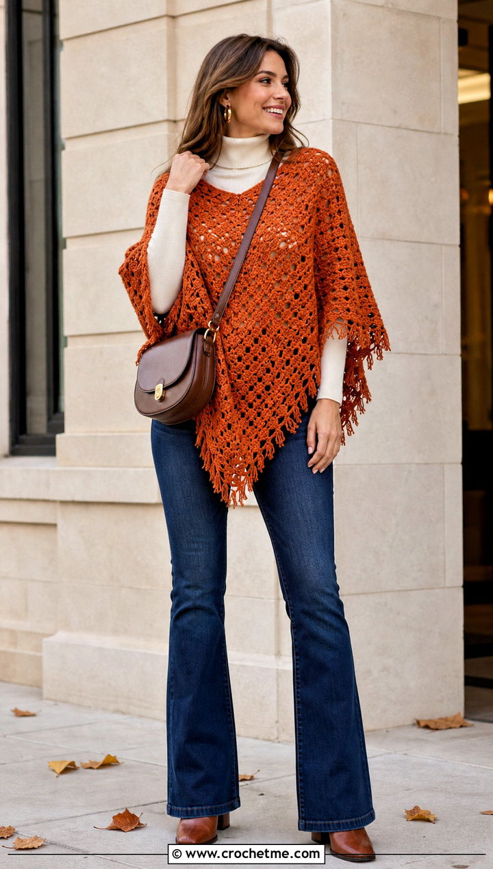 s Crochet Poncho With Turtleneck And Flared Jeans - 25 Crochet 90S Outfit ideas