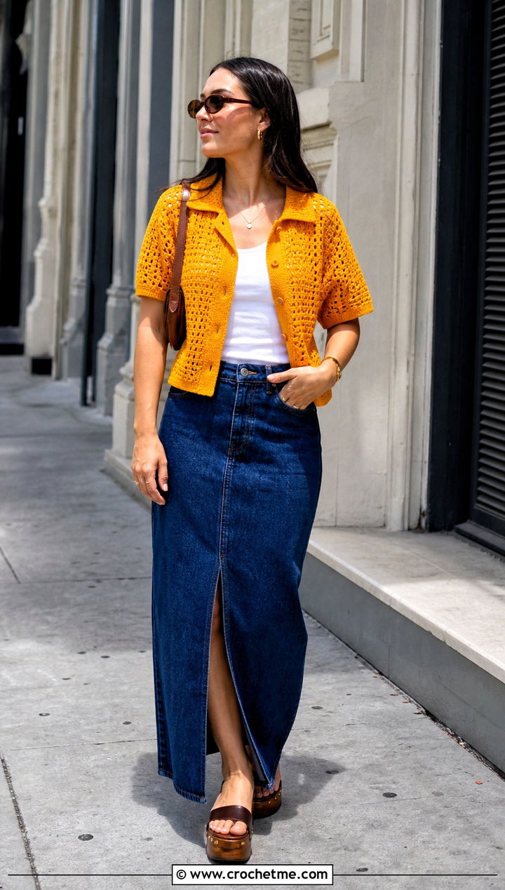s Crochet Short Sleeve Shirt With Denim Maxi Skirt - 25 Crochet 90S Outfit ideas