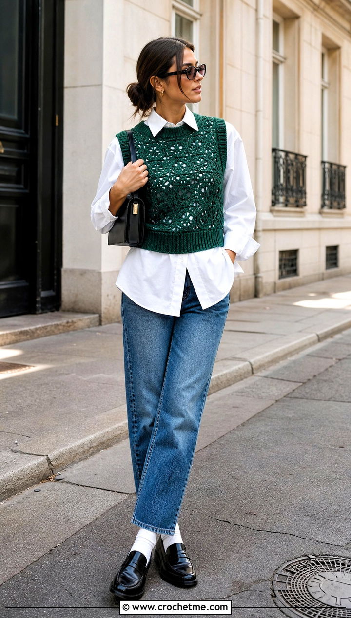 s Crochet Sweater Vest With White Shirt And Jeans - 25 Crochet 90S Outfit ideas