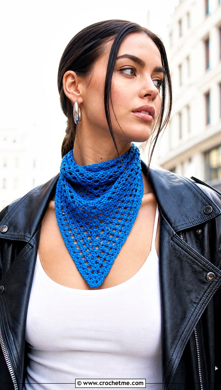 s Crochet Triangle Scarf With Leather Jacket - 25 Crochet 90S Outfit ideas