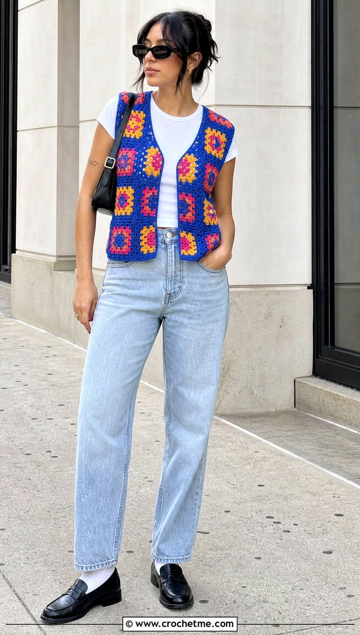 s Granny Square Crochet Vest With Mom Jeans - 25 Crochet 90S Outfit ideas