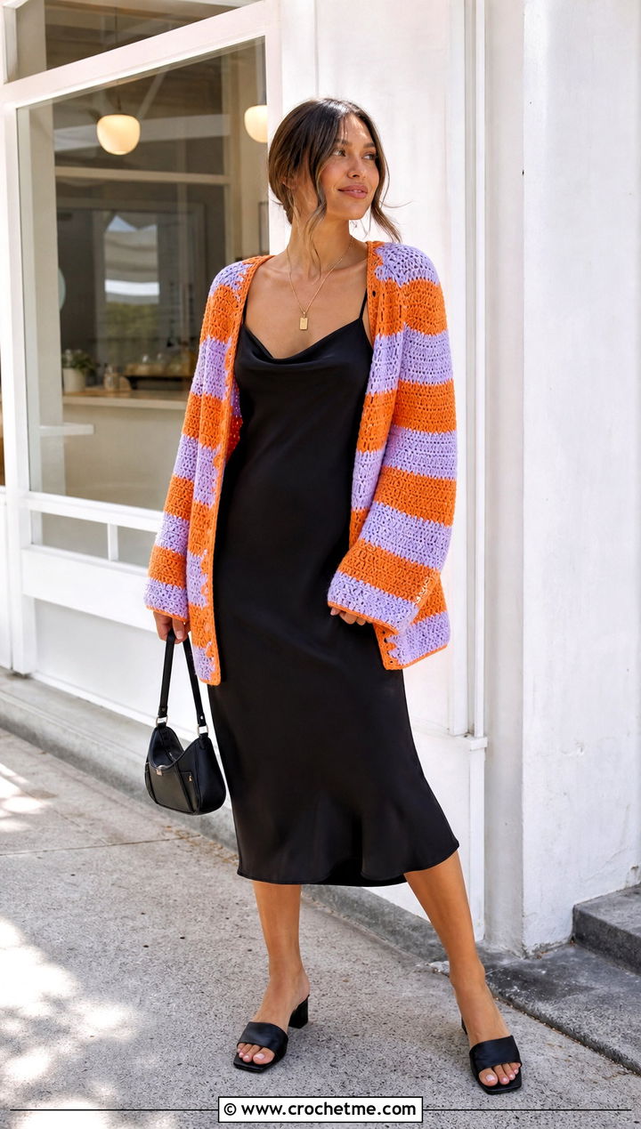 s Striped Crochet Cardigan With Slip Dress - 25 Crochet 90S Outfit ideas