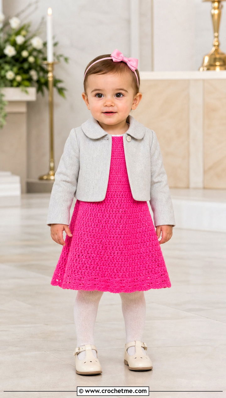 A Line Crochet Baptism Dress With Tailored Coat - 15 crochet baptism dress outfit ideas