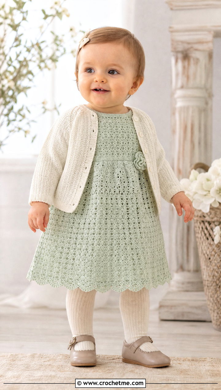 A Line Crochet Baptism Gown With Cardigan - 15 Crochet Baptism Gown outfit ideas
