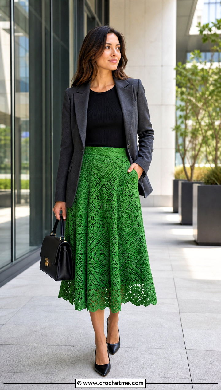 A Line Crochet Boho Midi Skirt With Blazer - 25 crochet boho skirt outfit ideas
