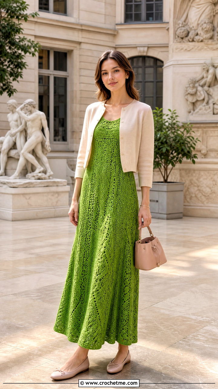 A Line Crochet Gown With Ballet Flats - 35 crochet gown outfit ideas