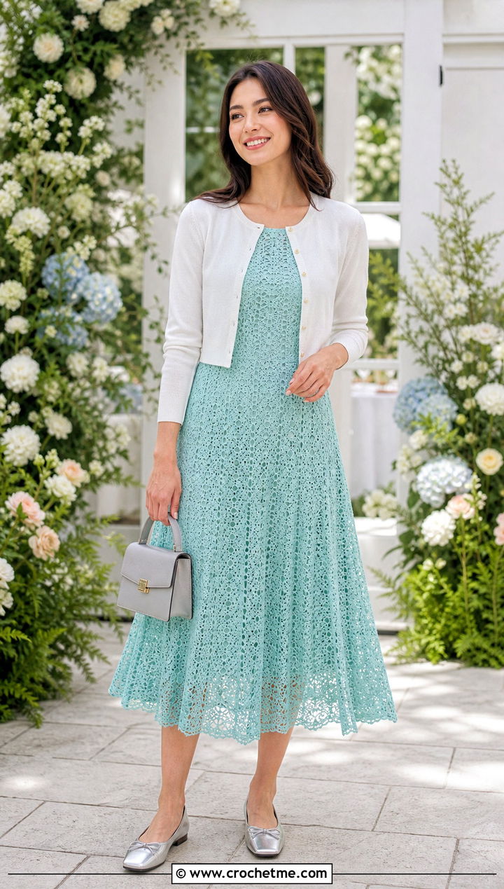 A Line Crochet Lace Dress With Ballet Flats - 35 Crochet Lace Dress outfit ideas