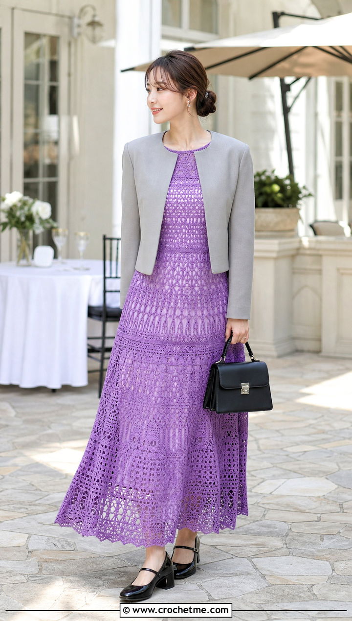 A Line Crochet Long Dress With Mary Jane Shoes - 35 crochet long dress outfit ideas