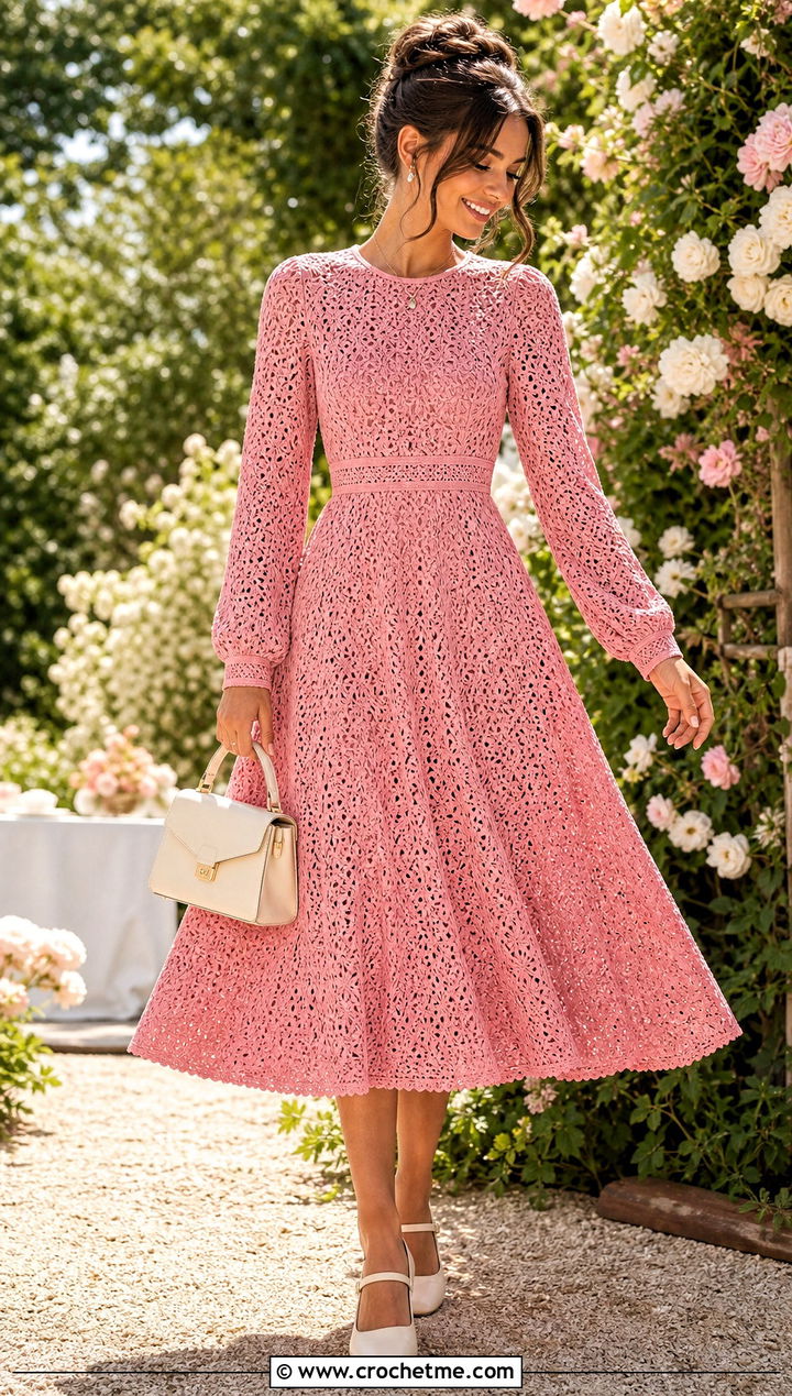 A Line Crochet Long Sleeve Dress With Mary Jane Shoes - 25 crochet long sleeve dress outfit ideas