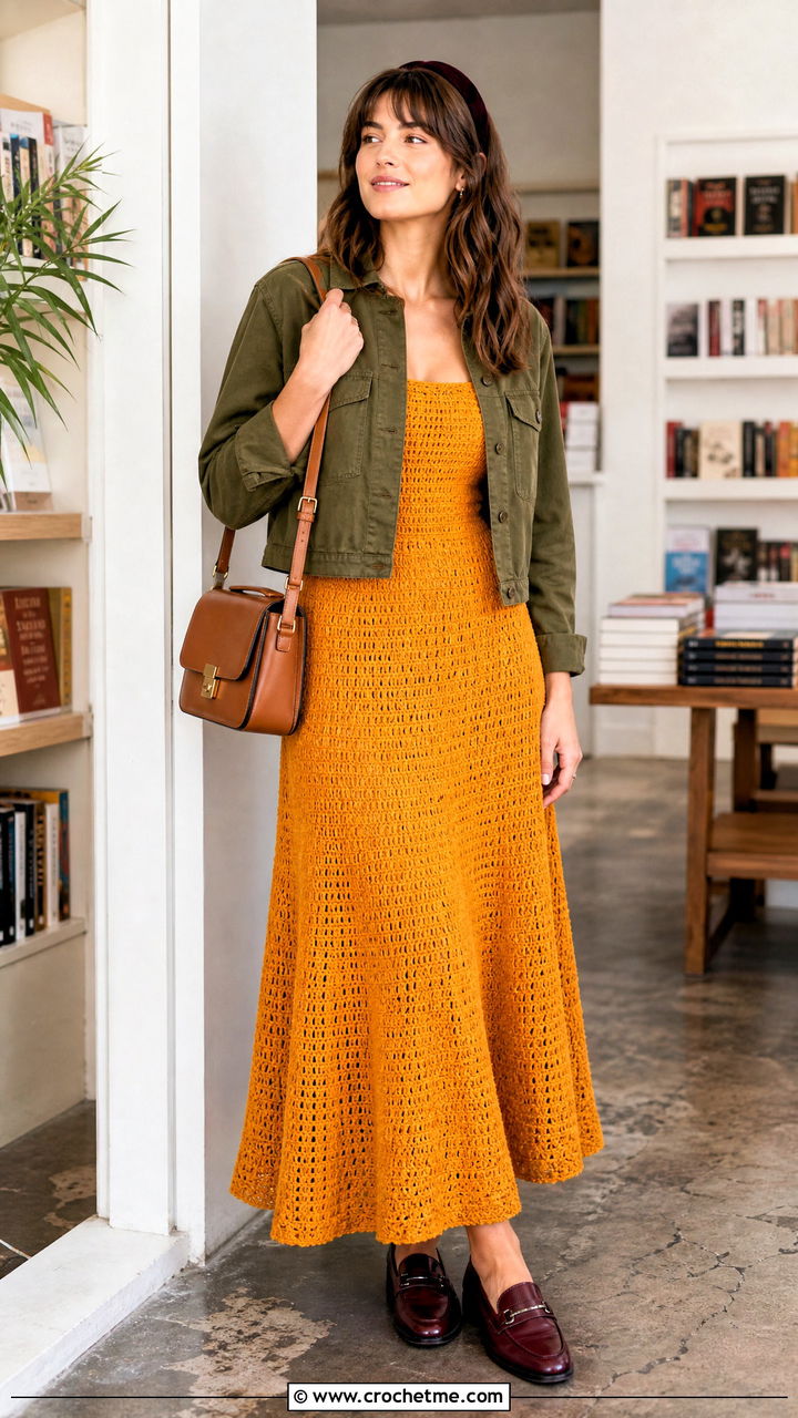 A Line Crochet Maxi Dress With Loafers - 35 Crochet Maxi Dress outfit ideas