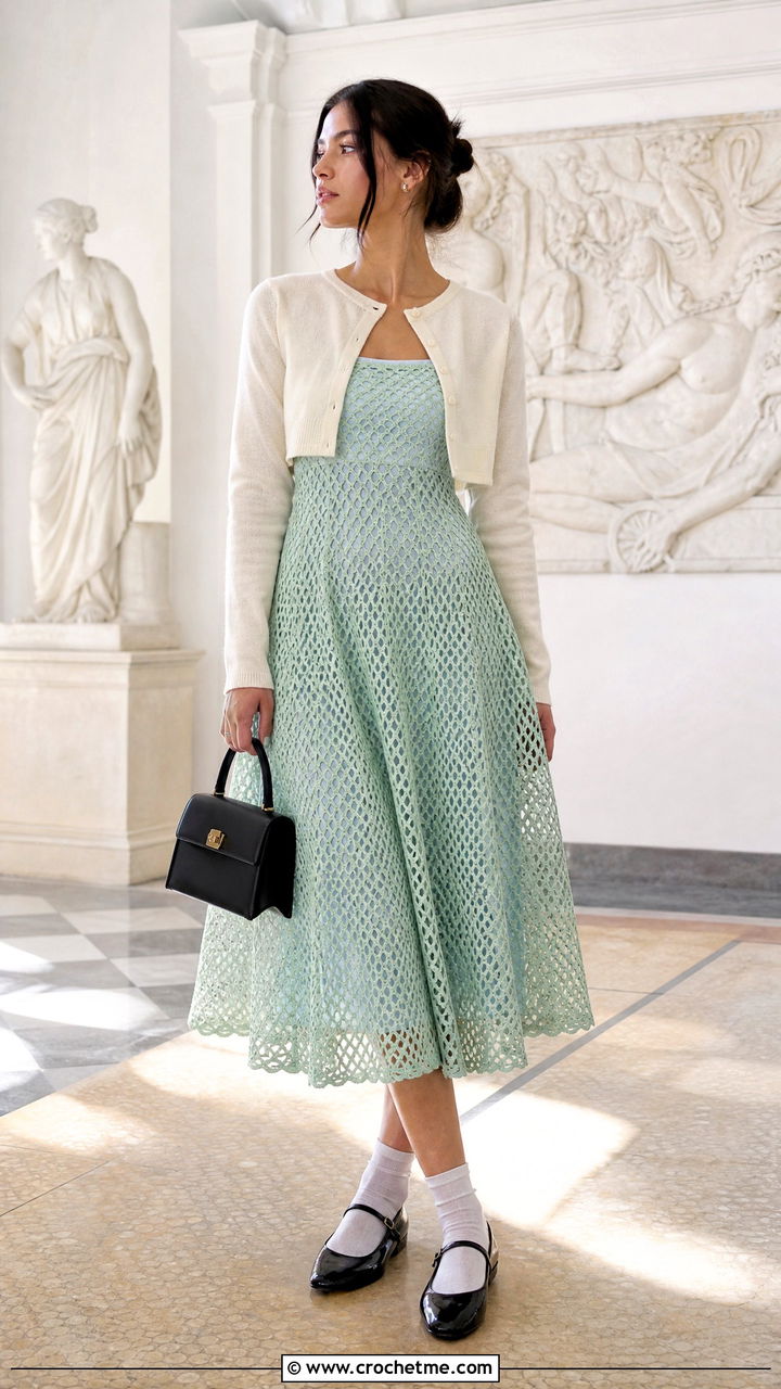 A Line Crochet Mesh Midi Dress With Mary Jane Shoes - 35 crochet mesh dress outfit ideas