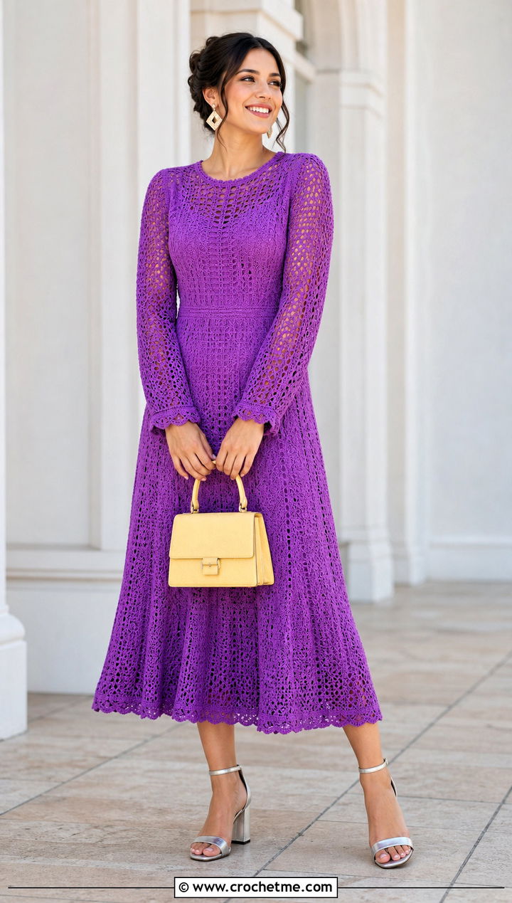 A Line Crochet Midi Dress With Block Heels - 35 long sleeve crochet dress outfit ideas