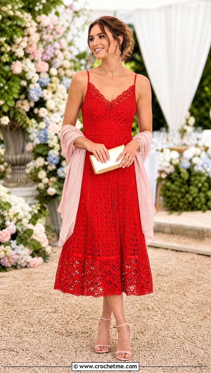 A Line Crochet Midi Dress With Strappy Heels - 30 women crochet summer dress outfit ideas
