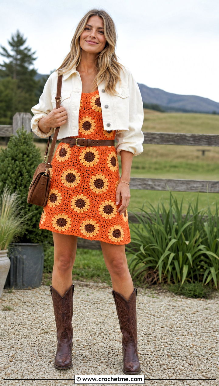 A Line Crochet Sunflower Dress With Cowboy Boots - 35 crochet sunflower dress outfit ideas