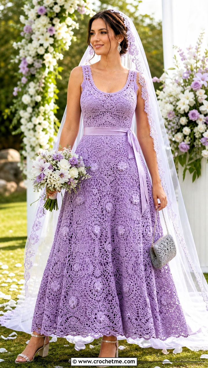 A Line Crochet Wedding Gown With Low Block Heels - 30 crochet wedding dress gowns outfit ideas