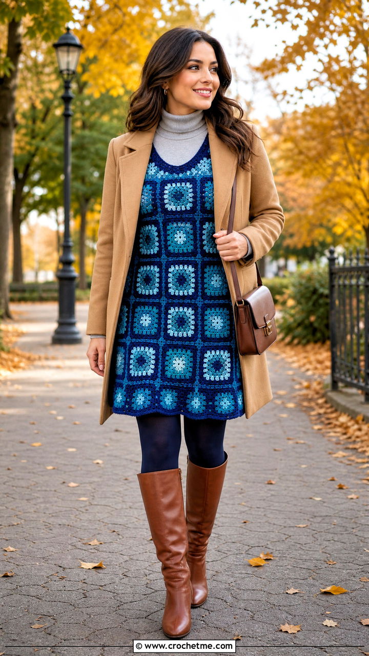 A Line Granny Square Dress With Riding Boots - 35 crochet granny square dress outfit ideas