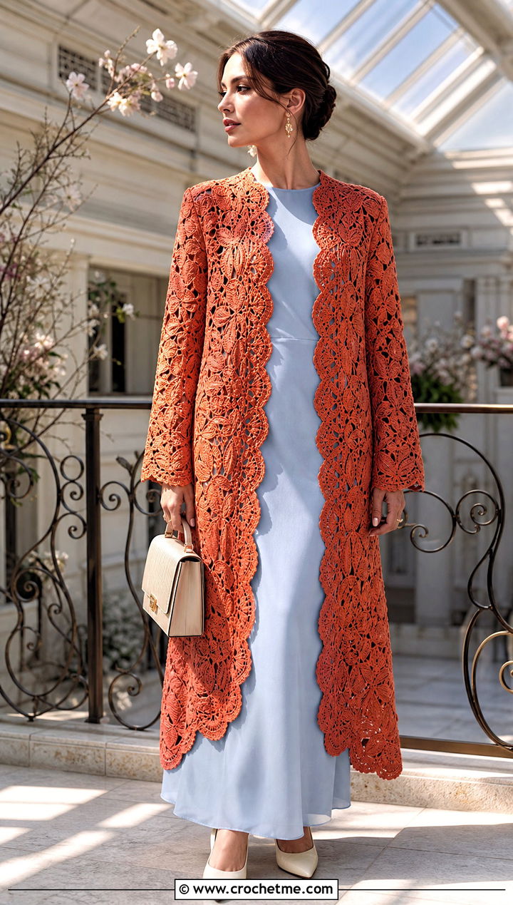 A Line Irish Crochet Coat With Column Maxi Dress - 25 irish crochet coat outfit ideas