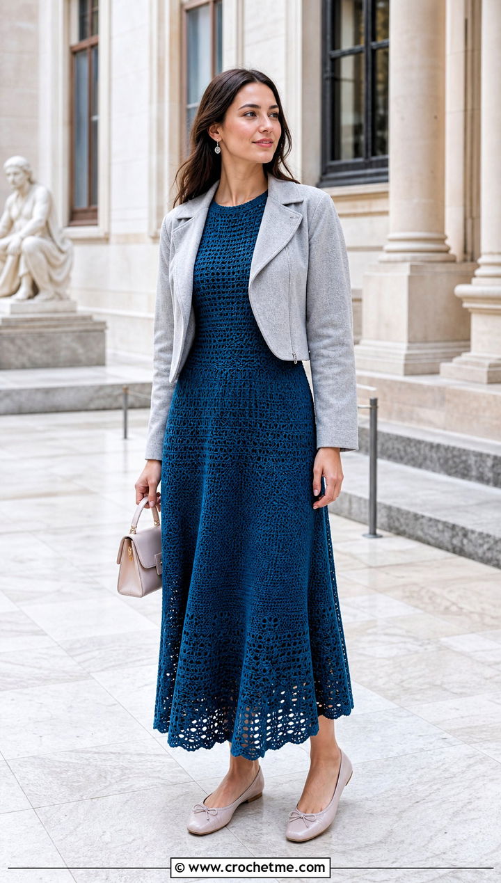A Line Long Sleeve Crochet Sweater Dress With Ballet Flats - 25 long sleeve crochet sweater dress outfit ideas