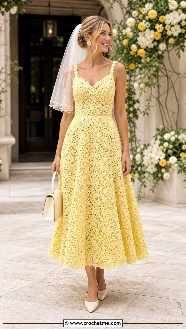 A Line Picot Crochet Wedding Dress With Slingback Pumps - 20 vintage crochet wedding dress outfit ideas